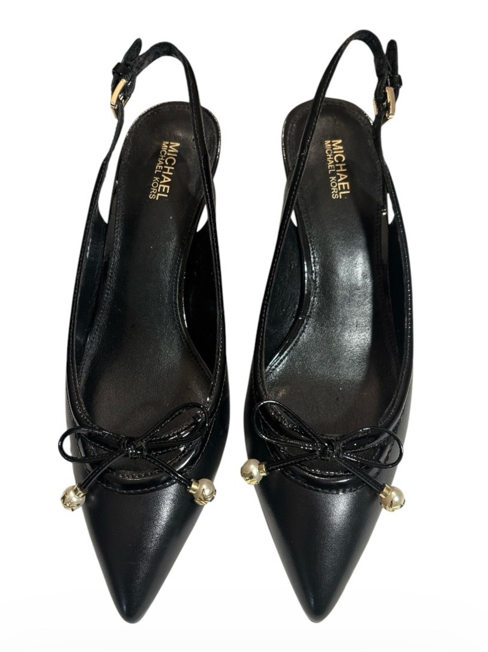 MICHAEL Michael Kors Black Pointed Slingback Flats with Gold Pearl Accents